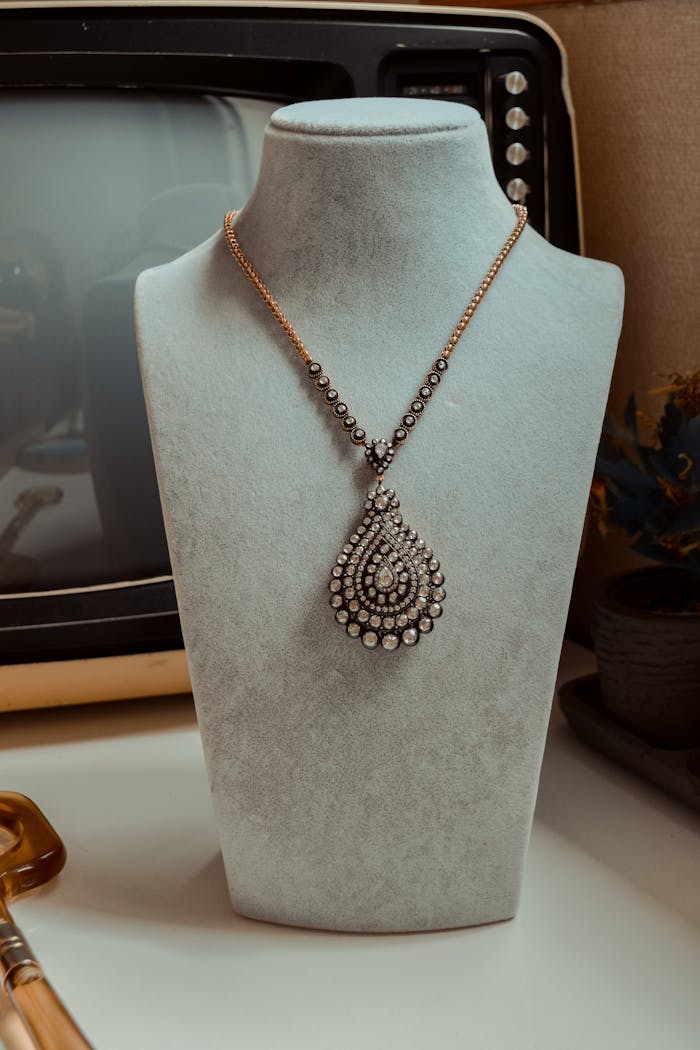 Home Stunning diamond necklace displayed on a mannequin stand, perfect for luxury fashion showcases.